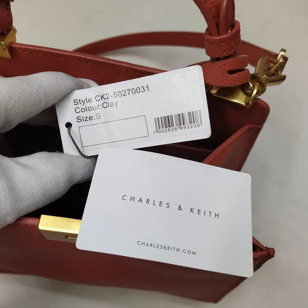 CHARLES & KEITH Orange Leather Pushlock Top Handle Satchel Crossbody Bag